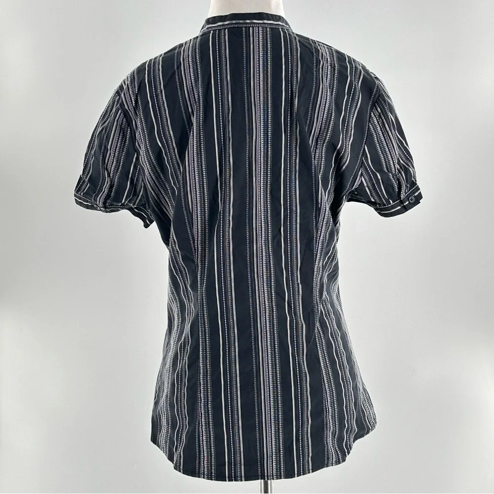 New York & Company stretch striped blouse size 10 black white ruched v-neck 90s